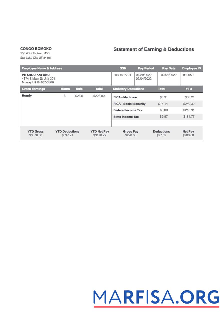 Printable Congo Bomoko statement of earning & deductions sample